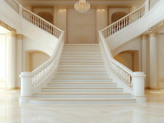 Elegant and spacious grand staircase with white railings and chandelier, perfect for luxury interior design.
