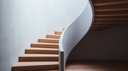 Naklejka premium Stylish modern staircase featuring a unique curved design and wooden steps, perfect for contemporary interior aesthetics.