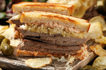 Reuben Sandwich with beef, cheese, sauerkraut and Russian dressing
