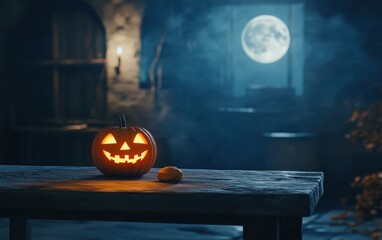 Fototapeta premium Jack O Lantern On Table In Spooky Night - Halloween With Full Moon