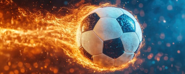 Dynamic soccer ball with fiery trails, high-speed action on a vibrant background.