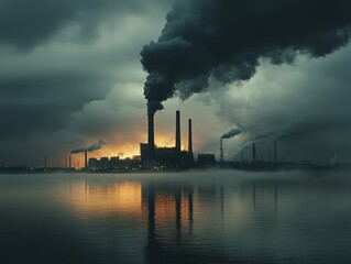 Industrial Power Plant Emitting CO2 Smoke - Cinematic National Geographic Style Photo Illustrating Fossil Fuel Pollution and Global Warming