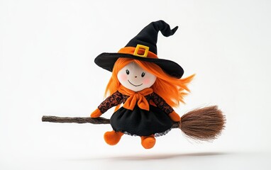 Plush toy Halloween character cute witch on a broomstick on white background 