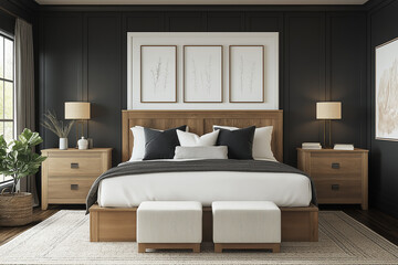 Modern Bedroom with Dark Gray Walls and Farmhouse-Style Decor