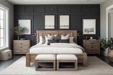 Modern Bedroom with Dark Gray Walls and Farmhouse-Style Decor