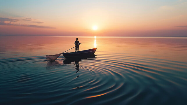 fishing boat at sunset, A fisherman standing on a traditional wooden boat, casting a wide net into the calm sea at sunset, with ripples forming in the water around him