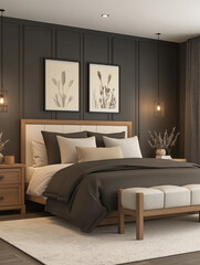 Modern Bedroom with Dark Gray Walls and Farmhouse-Style Decor