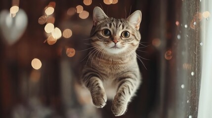 Cozy Cat by the Window: A curious tabby cat peers through a festive window, bathed in warm, bokeh-style lights. The image evokes a sense of warmth, comfort, and holiday cheer.