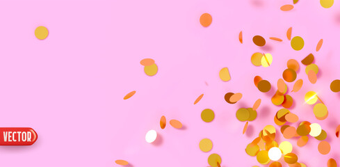 Golden confetti falling on light pink background. Confetti realistic round flat design for banners or party themes. Bright festive tinsel of gold color. Vector illustration