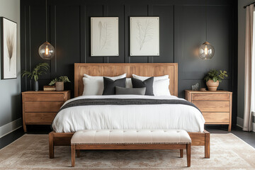 Fototapeta premium Modern Bedroom with Dark Gray Walls and Farmhouse-Style Decor