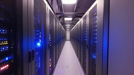 Spacious server room, long rows of towering server racks, glowing LED lights, efficient cable management, cold air ventilation system, sterile and secure environment