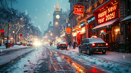 Snowy New Year's Eve celebration with bright lights in a festive city street scene