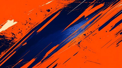 Abstract background with diagonal blue and orange brush strokes and splatters.