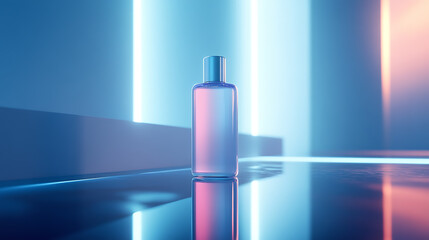 A glass bottle of perfume sits on a reflective surface, bathed in blue and orange neon light.