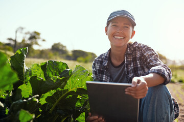 Woman, portrait and tablet on farm outdoor for agriculture production, crops inspection and plant...