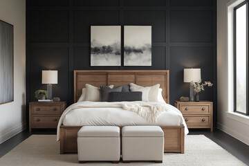 Modern Bedroom with Dark Gray Walls and Farmhouse-Style Decor