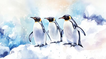 Fototapeta premium Penguins she winter background watercolor 