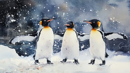 Fototapeta premium Penguins she winter background watercolor 