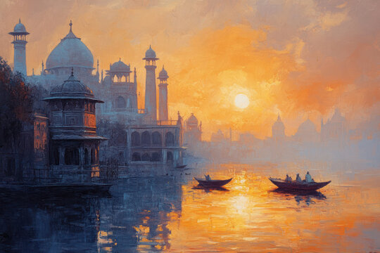 3d illustration of Ancient Varanasi city architecture at sunrise with view of sadhu baba enjoying a boat ride on river Ganges. India