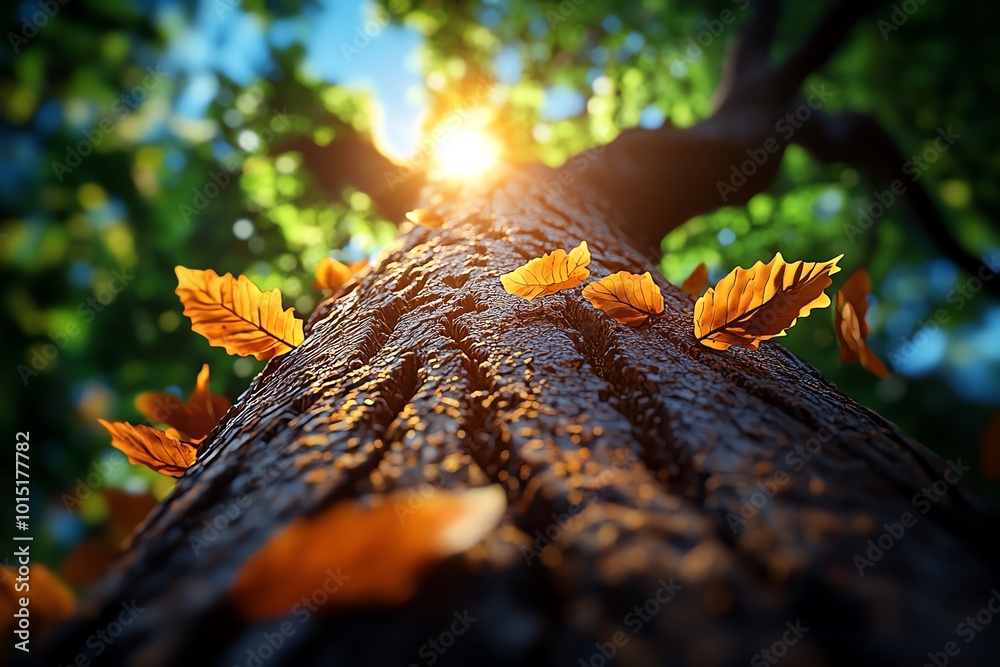 Poster hyper-realistic forest scene, showing the intricate textures of the tree bark, leaves, and the play 
