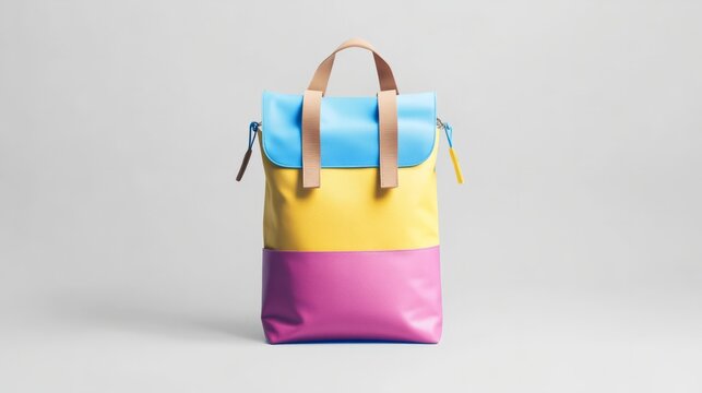 A minimalist mockup of a colorful backpack placed on a white background, ideal for fashion or travel promotions
