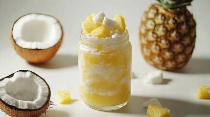A vibrant concept shot of a tropical mocktail in a clear glass jar, with exotic fruits like pineapple and coconut scattered around, placed on a clean white background.