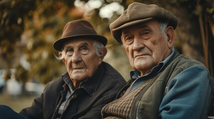 Fototapeta premium Two men are sitting on a bench, one wearing a hat and the other wearing a vest