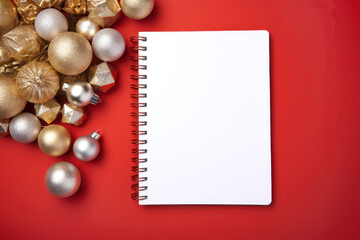 Silver and gold christmas decorations and open notepad on red background
