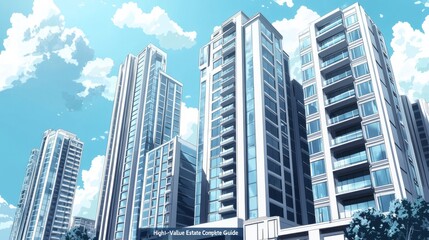 1280x670 px, anime-style high-rise cityscape with luxurious real estate buildings, sleek design, elegant blues and grays, text "High-Value Real Estate Sales: A Complete Guide" in modern font