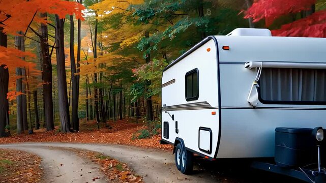 RV Camper in Scenic Autumn Forest with Vibrant Foliage

