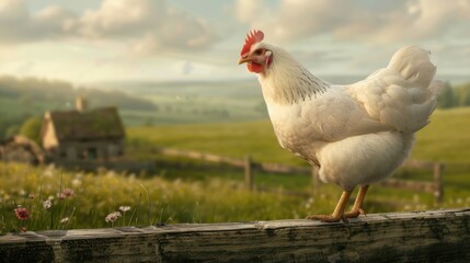 Fototapeta premium White Hen Perched on a Fence Rail in a Rural Setting