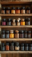 Assorted Jars of Mushrooms on Wooden Shelf