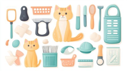 Collection of cute cat illustrations and pet accessories in pastel colors. Ideal for pet-themed designs and decorations.