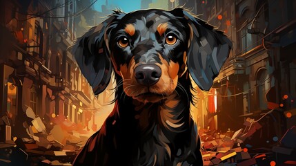 Abstract Dachshund in the city. Digital artwork painting.