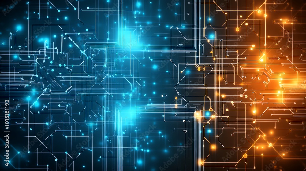 Poster abstract digital circuit board background with glowing blue and orange lines.