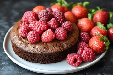 The dessert on the plate looks delicious and colorful. It can be used to advertise the restaurant menu or online desserts to attract customers' attention and increase sales effectively.