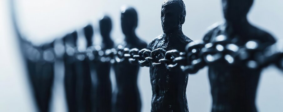 A chain of identical figures in descending order, each accusing the next, representing oppression within authority