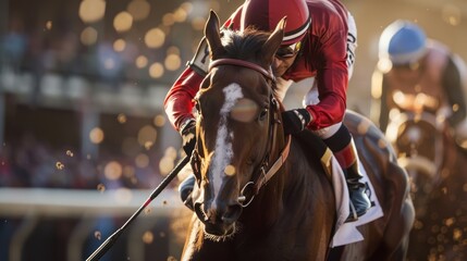 Close-up of a Racehorse and Jockey During a Race