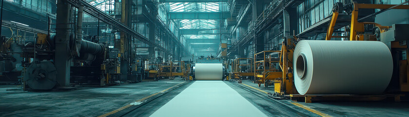 Obraz premium Large rolls of paper being produced in paper mill, showcasing industrial process and machinery involved in manufacturing. atmosphere is filled with sense of productivity and efficiency