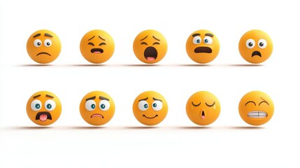 Set of yellow emoticons displaying various emotions like happiness, sadness, surprise, and more against a white background.
