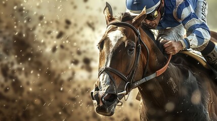 Obraz premium Close-up of a Racehorse and Jockey During a Race