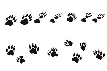 A set of Black cat leg prints, crooked footprints, footprints in the shape of an arrow, isolated on a transparent background.