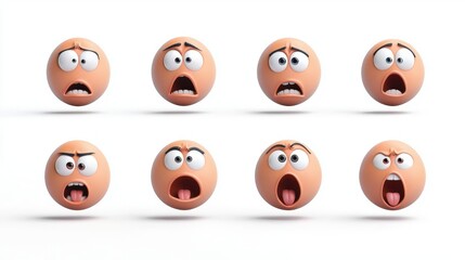 Obraz premium Set of round cartoon faces showing various emotions, including shock, fear, surprise, and anger, isolated on a white background.