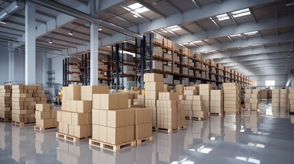 Large Warehouse with Stacked Cardboard Boxes and Shelving