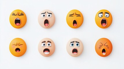 Fototapeta premium Collection of emoticons displaying various emotions including surprise, fear, and excitement on a plain white background.