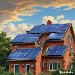 Naklejka premium Realistic illustration of solar panel on the roof of house.
