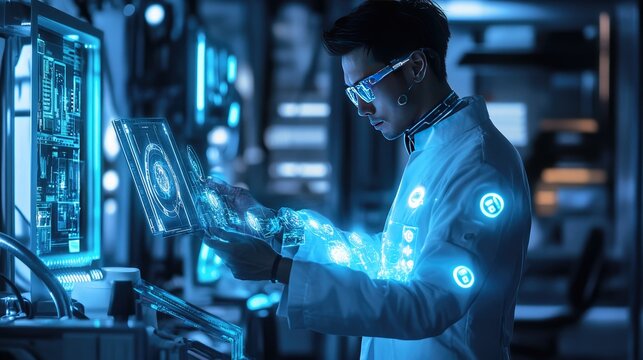 A futuristic portrait of a scientist in a world of advanced alien technology, wearing a sleek lab coat with glowing symbols, and holding a holographic device in an otherworldly lab.