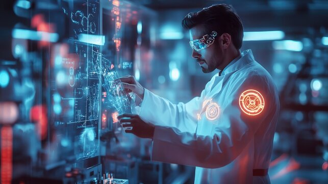 A futuristic portrait of a scientist in a world of advanced alien technology, wearing a sleek lab coat with glowing symbols, and holding a holographic device in an otherworldly lab.