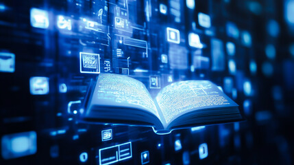 A digital book icon displayed on a computer screen with other education and technology icons, set against a blue background.