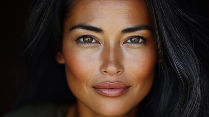 Fototapeta premium A hyper-realistic portrait of a 34-year-old Asian American woman with smooth, glowing skin and soft features. Her expression is calm and confident, with natural makeup enhancing he